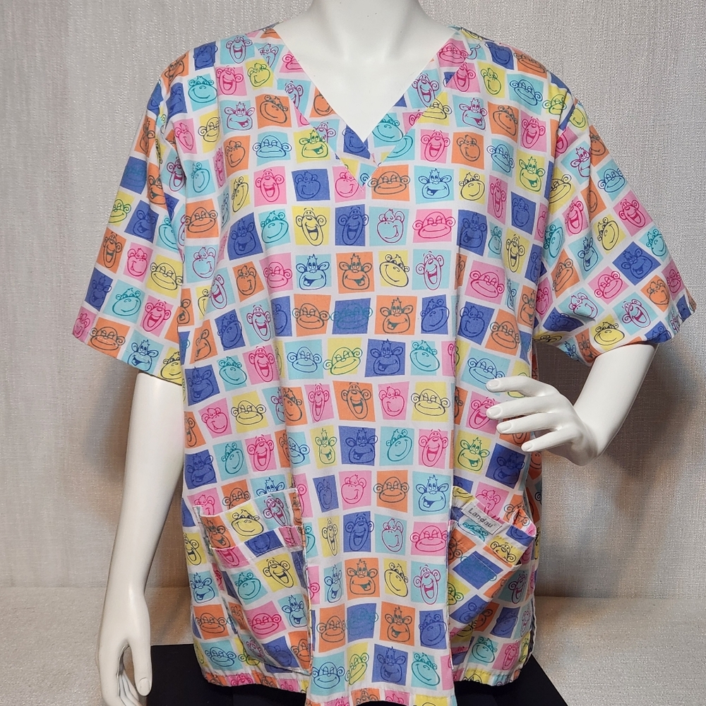 Landau Scrubs Top Disco Monkey Happy Cartoon Faces 3-4x See Description